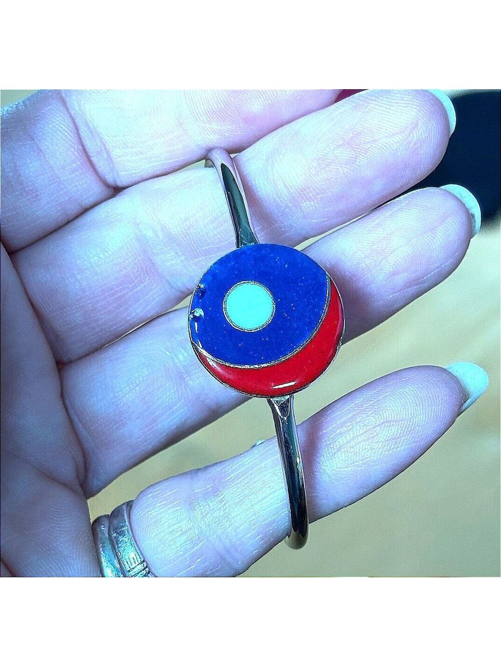 Vintage Marie Nadeau Signed Enamel Cuff Bracelet Red Blue Mod Canada yin yang